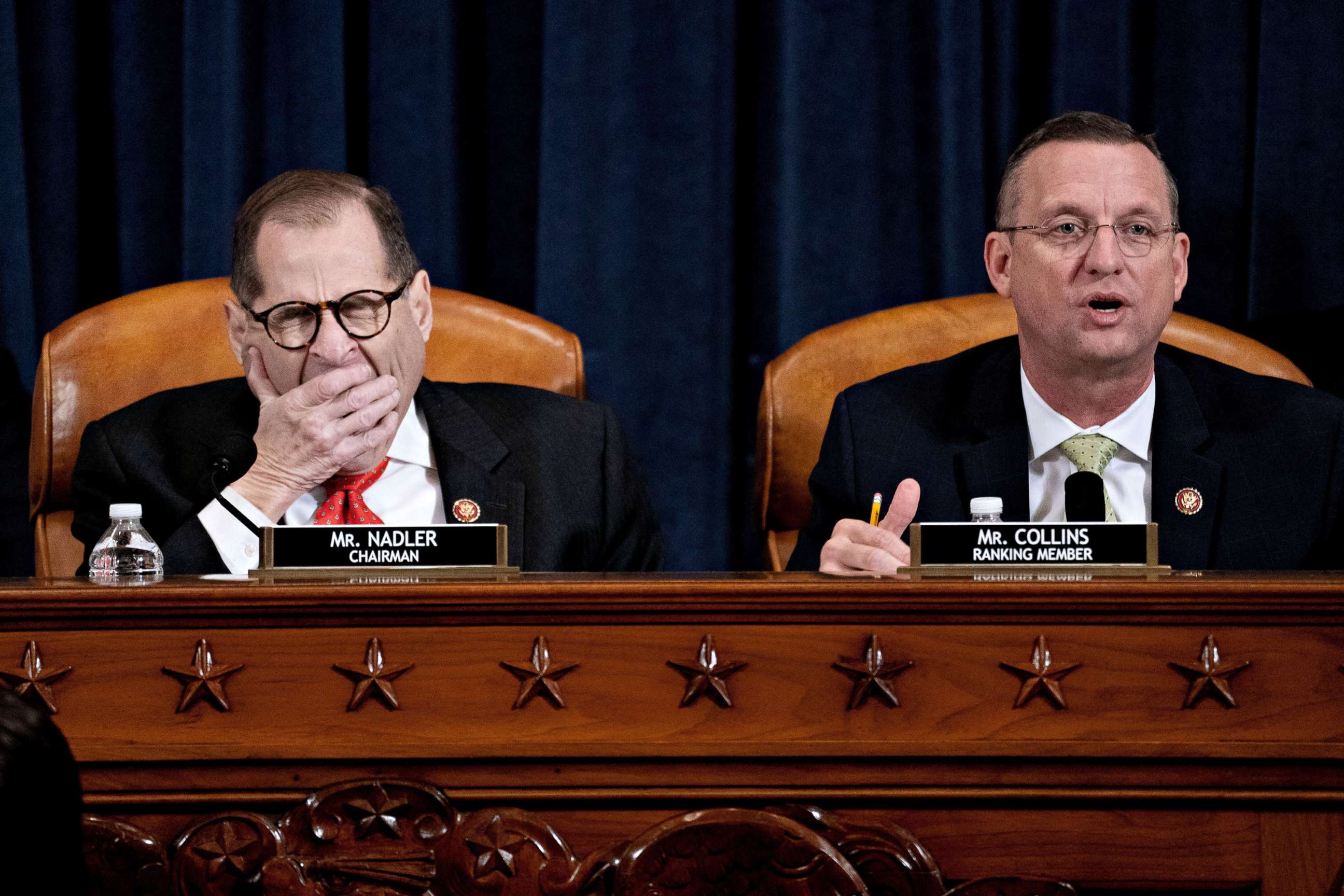 PHOTO: Representative Doug Collins, ranking member of the House Judiciary Committee, right, speaks as chairman Representative Jerry Nadler, left, yawns during a hearing about impeachment articles in Washington, D.C., Dec. 12, 2019.