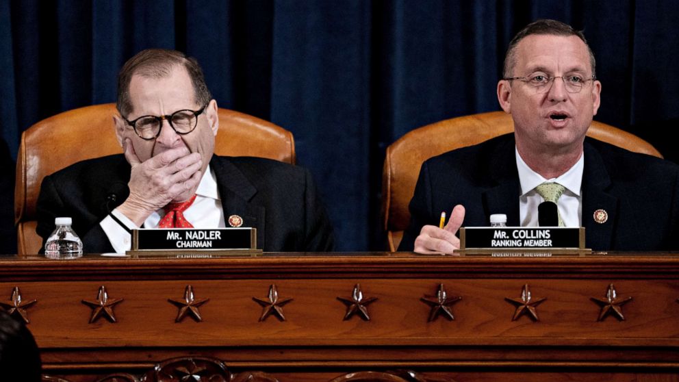 PHOTO: Representative Doug Collins, ranking member of the House Judiciary Committee, right, speaks as chairman Representative Jerry Nadler, left, yawns during a hearing about impeachment articles in Washington, D.C., Dec. 12, 2019.