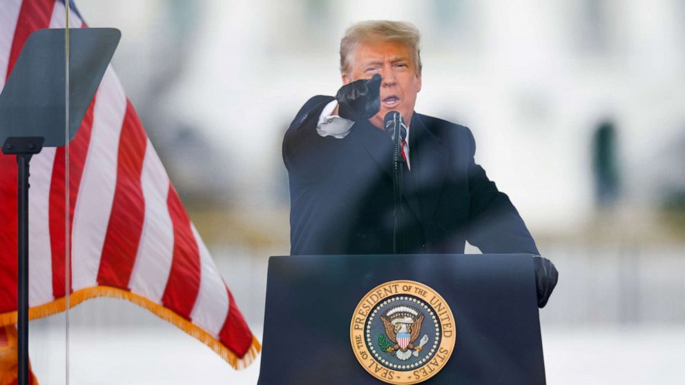 PHOTO: President Donald Trump gestures as he speaks during a rally to contest the certification of the 2020 U.S. presidential election results by the Congress, in Washington, Jan 6, 2021.
