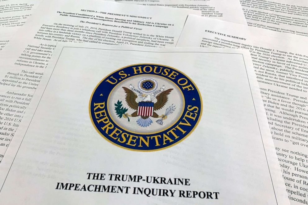 PHOTO: The report from Democrats on the House Intelligence Committee on the impeachment inquiry into President Donald Trump is photographed in Washington, Dec. 3, 2019.