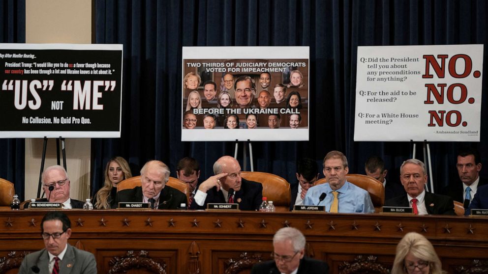 PHOTO: Committee members listen to the debate during a House Judiciary Committee hearing in Washington, Dec. 12, 2019.