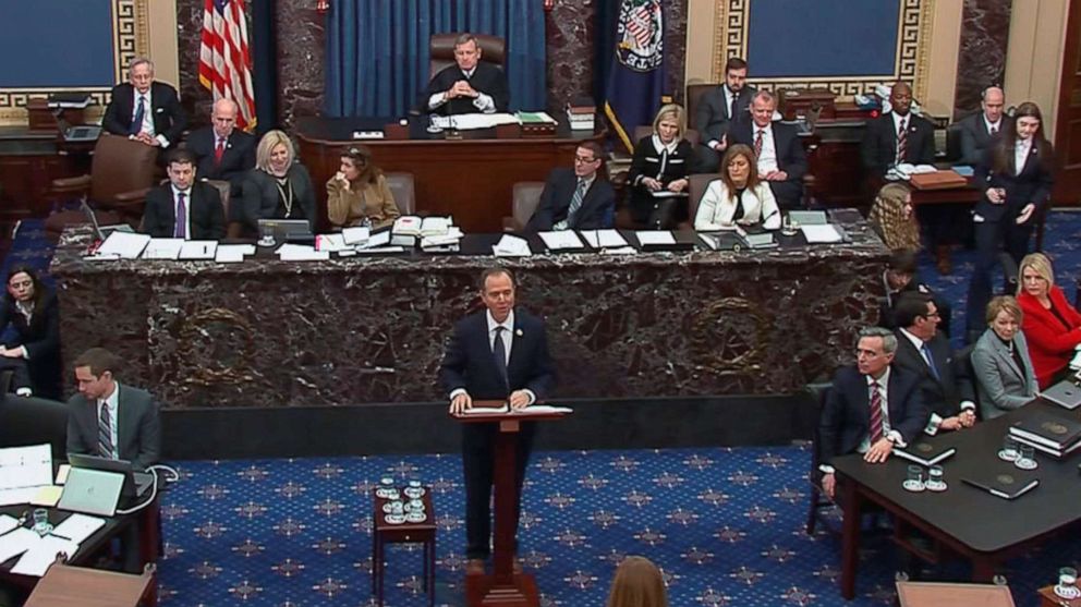 PHOTO: Lead manager House Intelligence Committee Chairman Adam Schiff (D-CA) delivers an opening argument during the second day of the Senate impeachment trial of President Donald Trump in this frame grab from video shot at the Capitol, Jan. 22, 2020. 