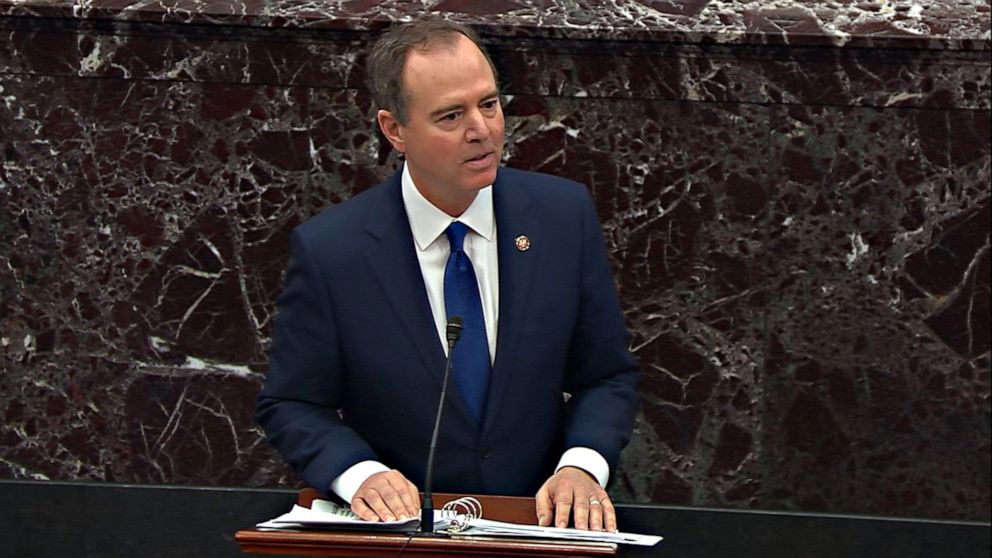 PHOTO: In this screengrab, Rep. Adam Schiff, Chairman, US House Permanent Select Committee on Intelligence) speaks during the impeachment trial of President Donald Trump in the US Senate at the Capitol in Washington on January 31, 2020.