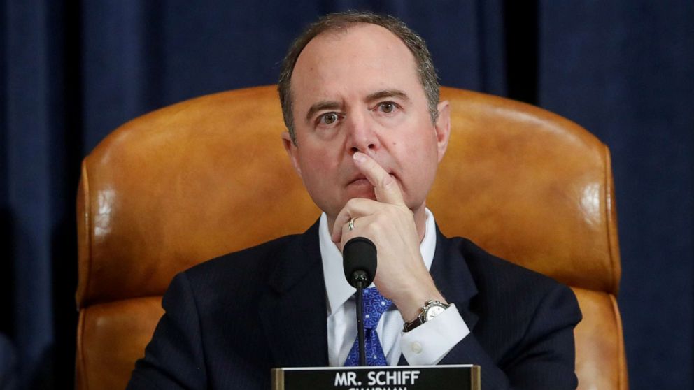 PHOTO: House Intelligence Committee Chairman Rep. Adam Schiff presides at a hearing featuring witness U.S. Ambassador to the European Union Gordon Sondland testifying as part of the impeachment inquiry on Capitol Hill in Washington, D.C., Nov. 20, 2019.