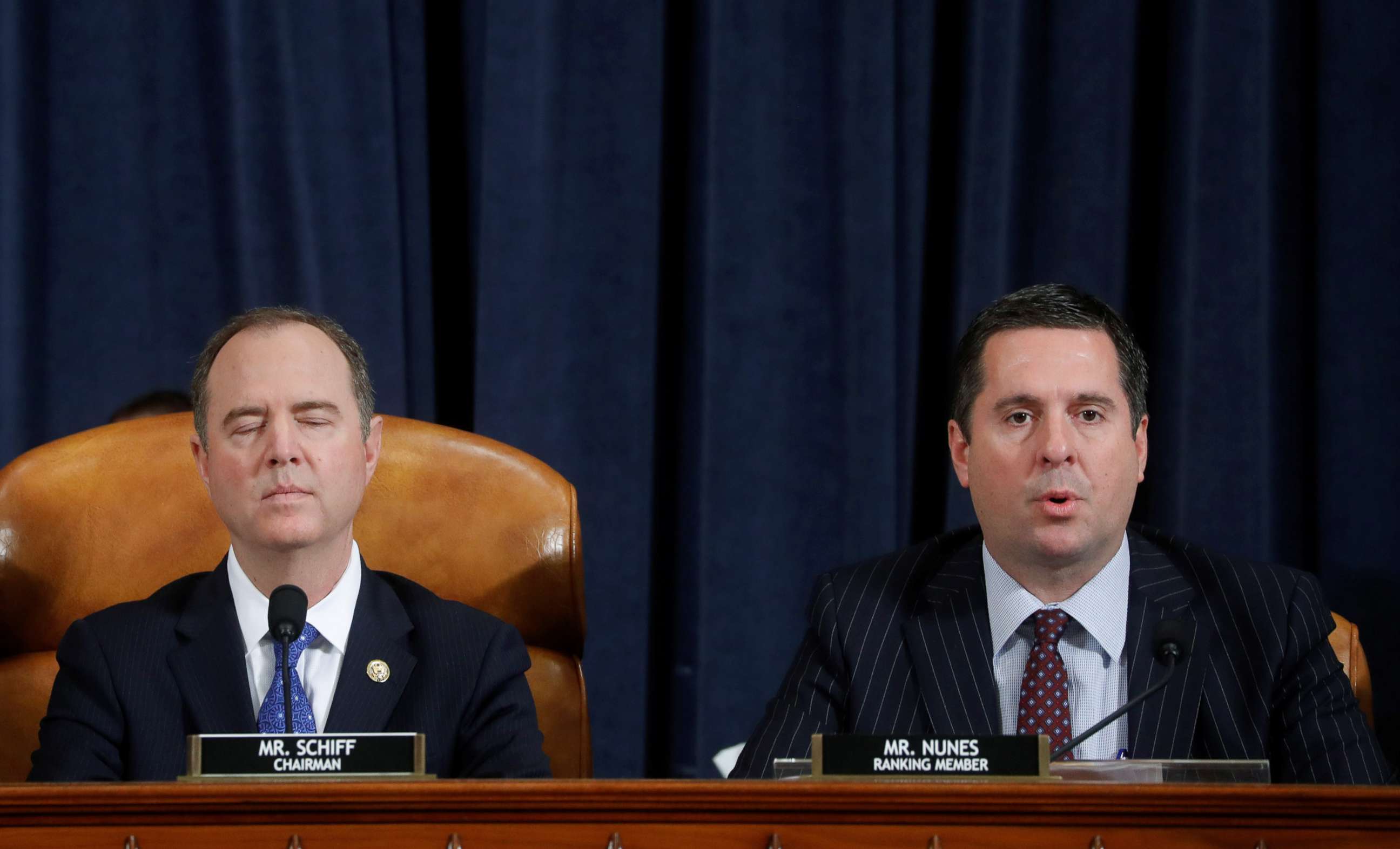PHOTO: House Intelligence Committee Chairman Rep. Adam Schiff listens as ranking member Rep. Devin Nunes speaks at an impeachment hearing featuring the testimony of Gordon Sondland, U.S. Ambassador to the European Union, Nov. 20, 2019, on Capitol Hill.