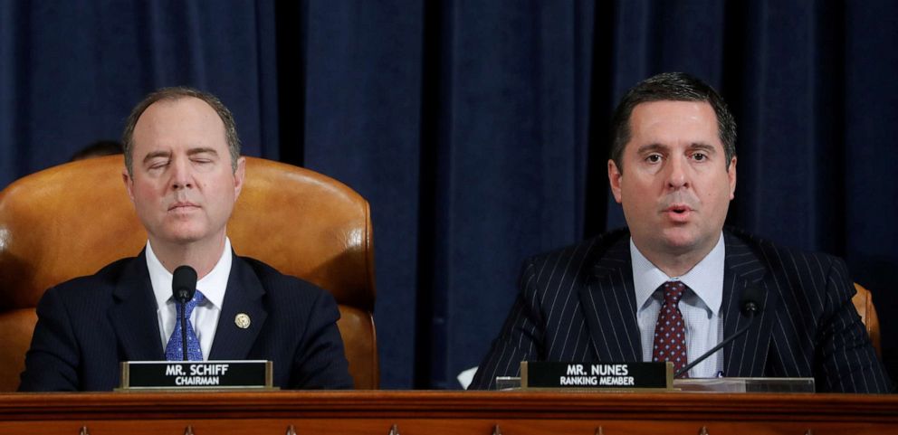 PHOTO: House Intelligence Committee Chairman Rep. Adam Schiff listens as ranking member Rep. Devin Nunes speaks at an impeachment hearing featuring the testimony of Gordon Sondland, U.S. Ambassador to the European Union, Nov. 20, 2019, on Capitol Hill.