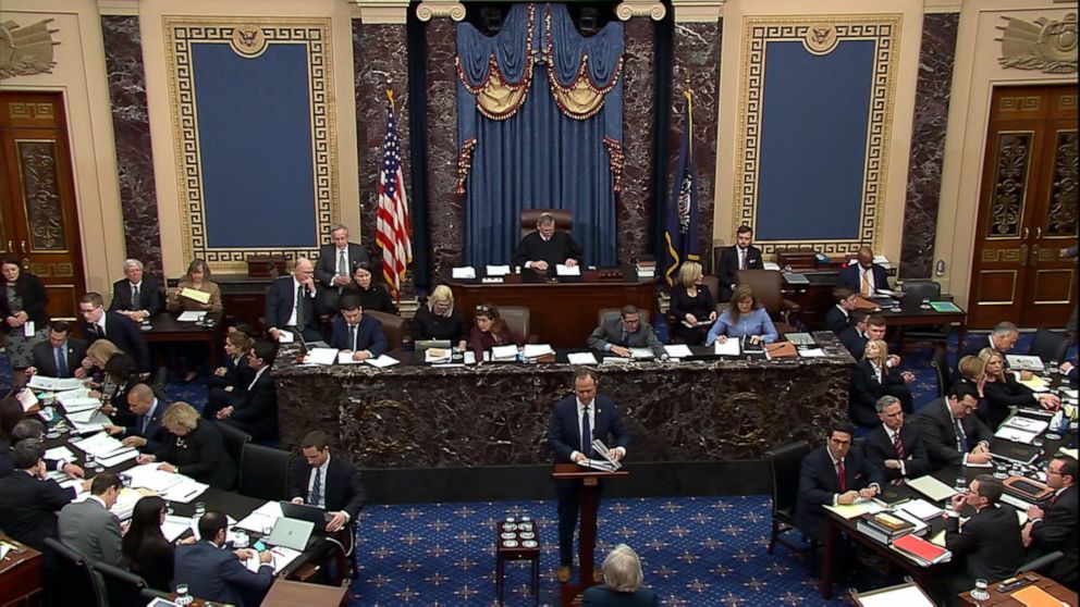 PHOTO: In this screengrab,  House manager Rep. Adam Schiff begins speaking during impeachment proceedings against U.S. President Donald Trump in the Senate at the U.S. Capitol on Jan. 31, 2020, in Washington.