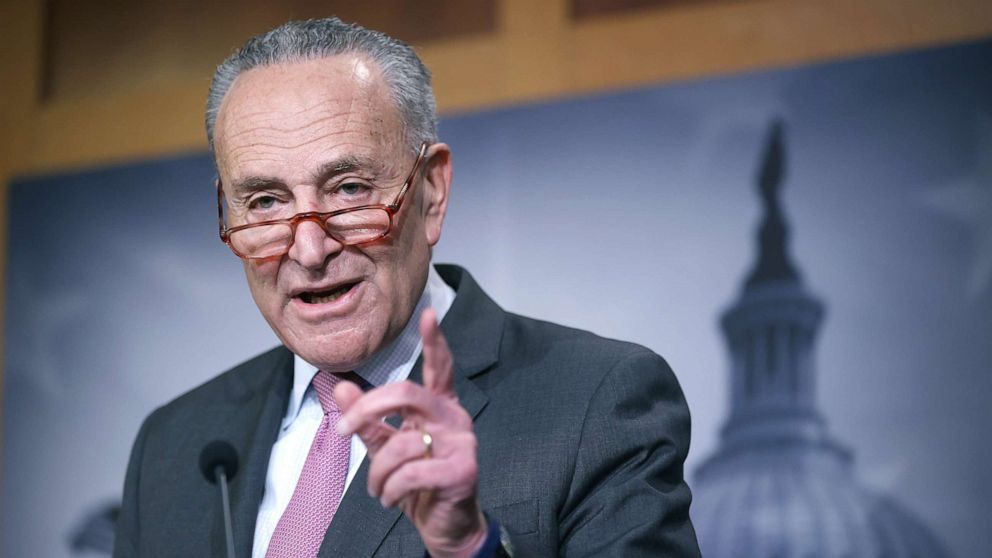 PHOTO: Senate Minority Leader Charles Schumer (D-NY) calls on reporters during a news conference at the Capitol, Jan. 22, 2020.