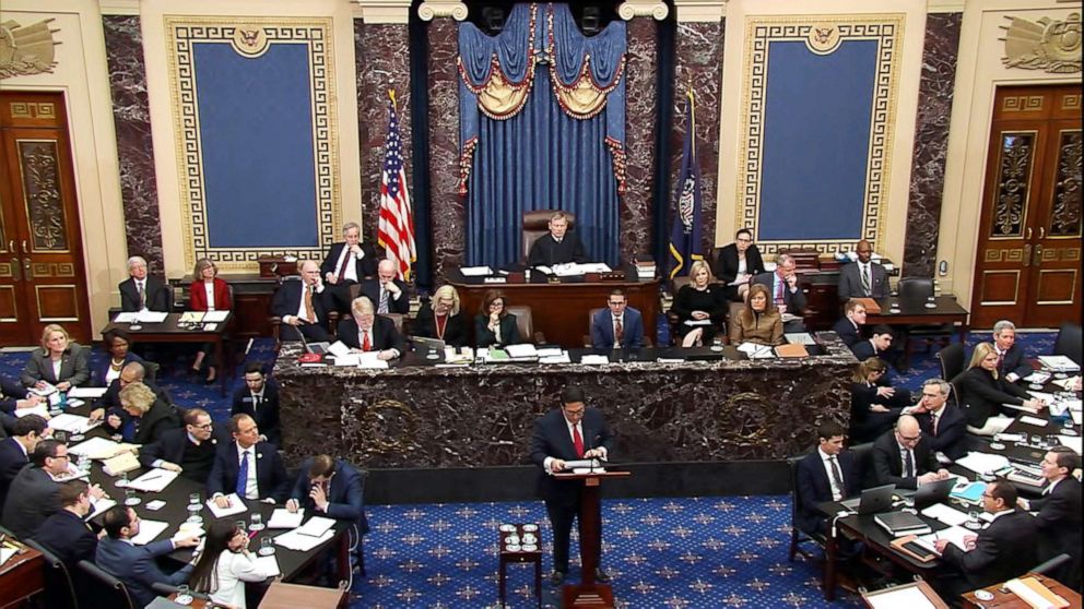 PHOTO: In this image from video, personal attorney to President Donald Trump, Jay Sekulow, hold a copy of the Mueller Report as speaks during Trump's impeachment trial in the Senate at the U.S. Capitol in Washington, Jan. 25, 2020.