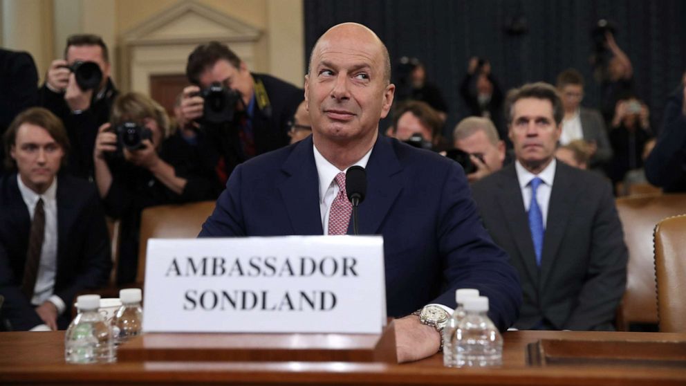PHOTO: Gordon Sondland, the U.S ambassador to the European Union, waits to testify before the House Intelligence Committee during an impeachment hearing on Capitol Hill, Nov. 20, 2019 in Washington, D.C.