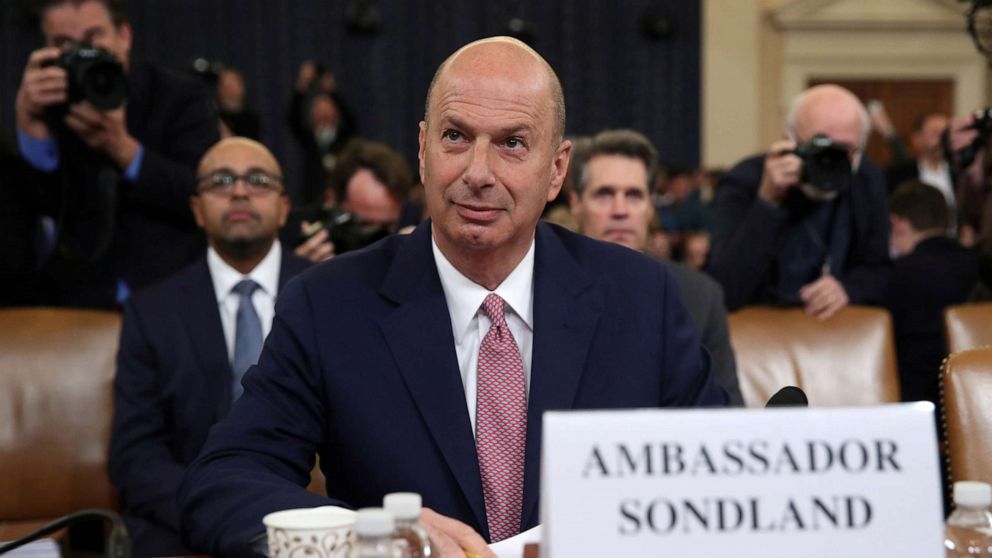 PHOTO: U.S. Ambassador to the European Union Gordon Sondland takes his seat to testify before a House Intelligence Committee hearing as part of the impeachment inquiry into President Donald Trump on Capitol Hill in Washington, D.C., Nov. 20, 2019.