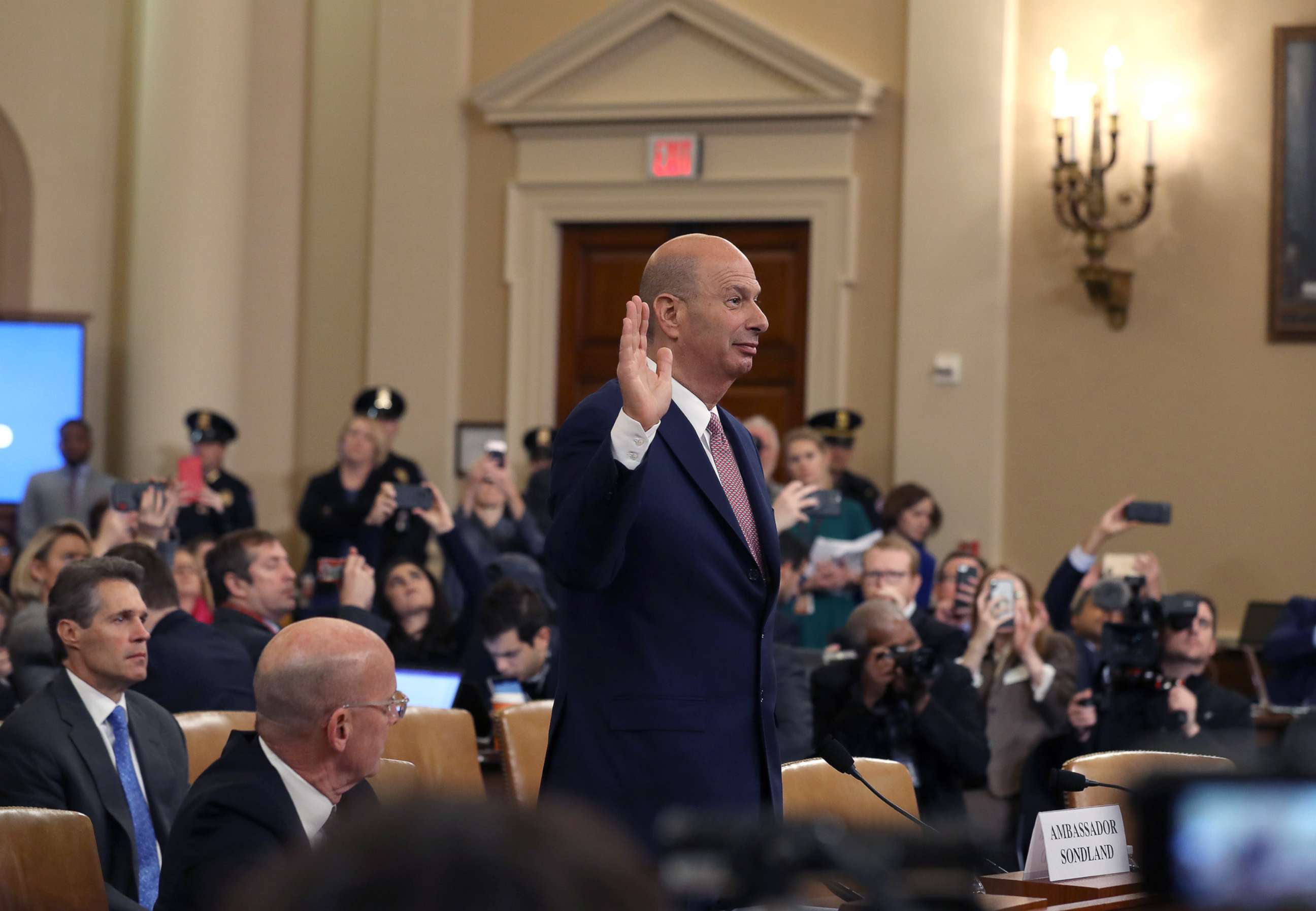 PHOTO:Gordon Sondland, the U.S ambassador to the European Union, is sworn in to testify before the House Intelligence Committee on Capitol Hill, Nov. 20, 2019 in Washington, D.C., as part of the public impeachment hearings.