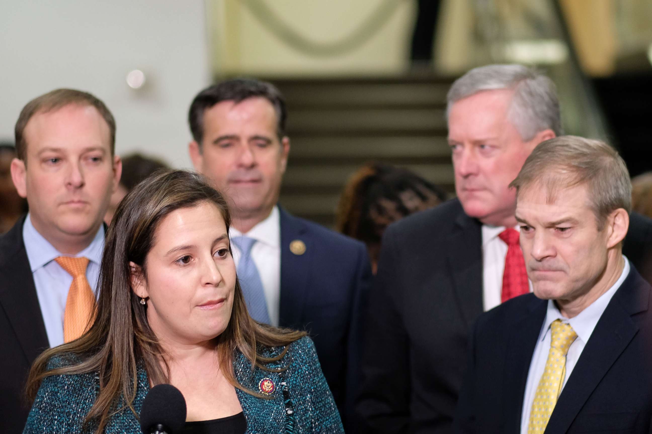 PHOTO: Rep. Elise Stefanik, speaks at a news conference alongside fellow Republican Reps. Lee Zeldin, John Ratcliffe, Mark Meadows and Jim Jordan at the U.S. Capitol on Jan. 24, 2020 in Washington.