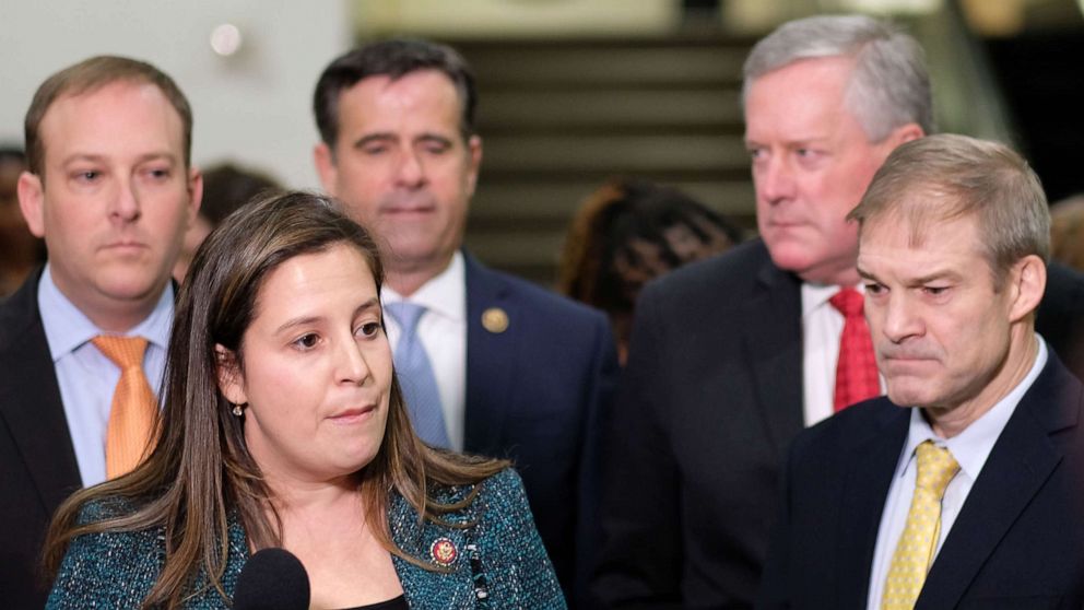 PHOTO: Rep. Elise Stefanik, speaks at a news conference alongside fellow Republican Reps. Lee Zeldin, John Ratcliffe, Mark Meadows and Jim Jordan at the U.S. Capitol on Jan. 24, 2020 in Washington.