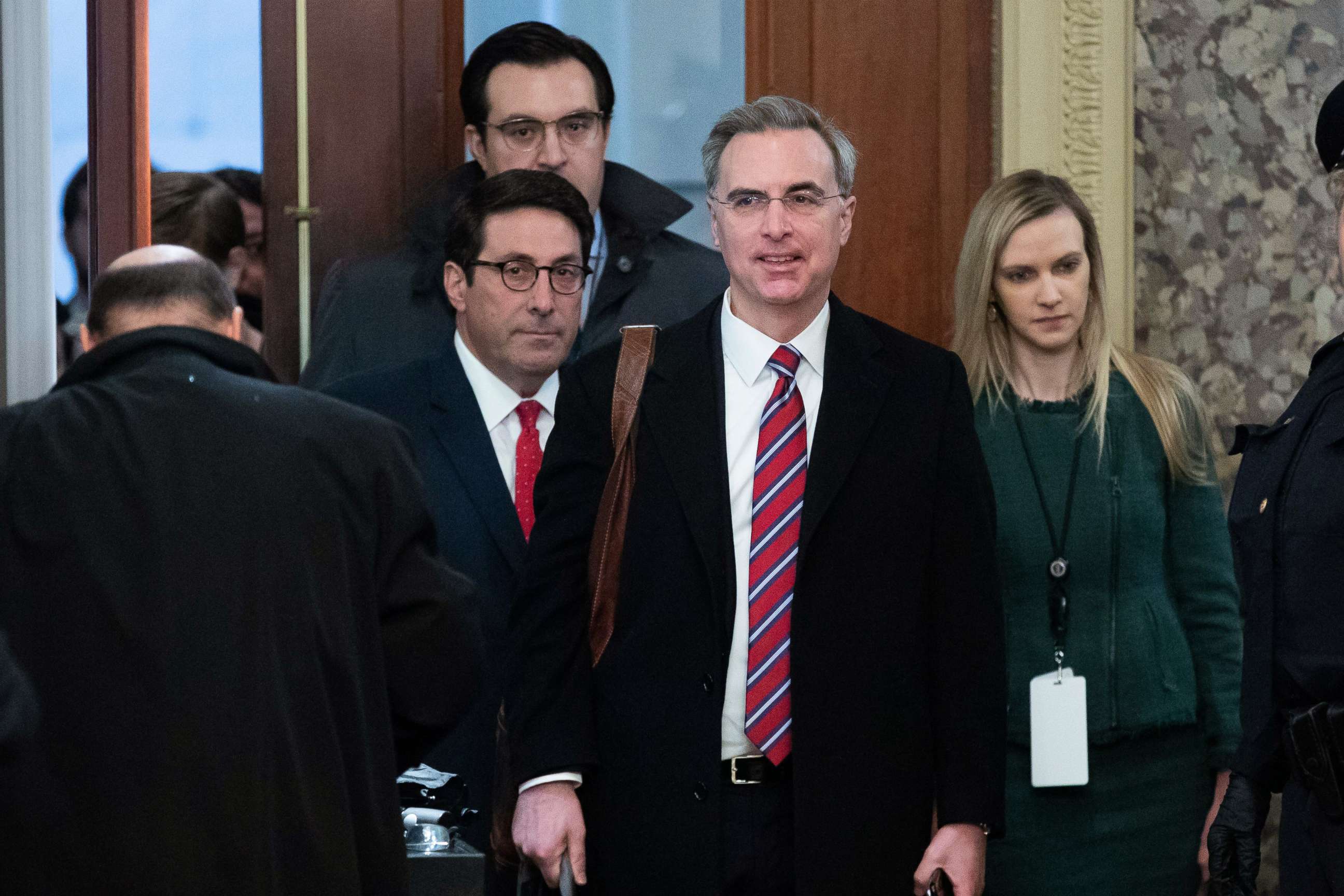 PHOTO: President Donald J. Trump's defense team members Jay Sekulow, left, Jordan Sekulow, back left,and White House Counsel Pat Cipollone, center arrive for the Senate impeachment trial at the U.S. Capitol, in Washington on Jan. 25, 2020.