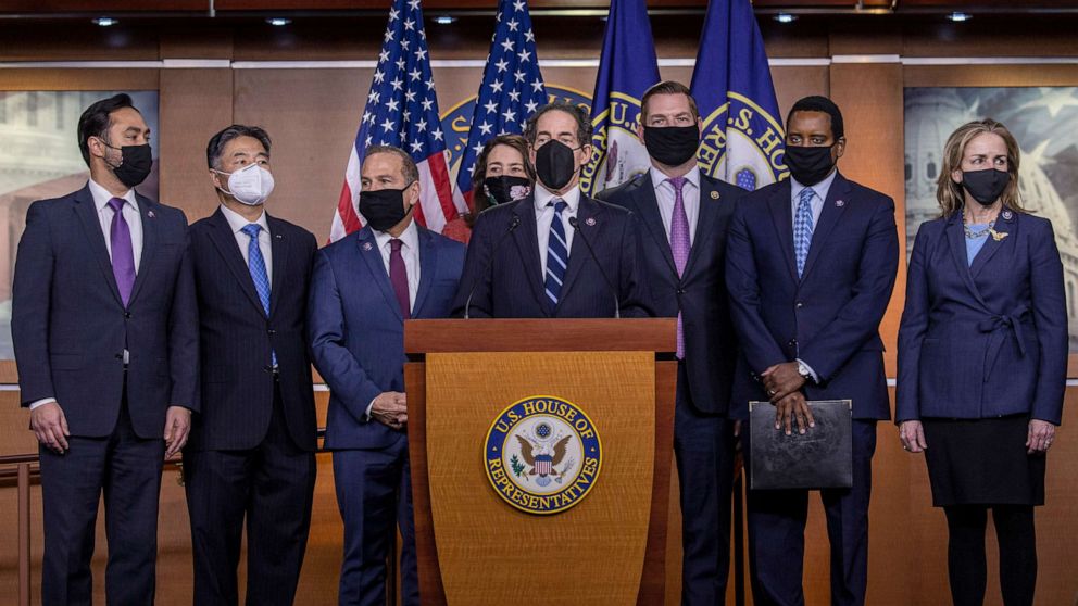 PHOTO: Lead House impeachment manager Rep. Jamie Raskin speaks at a press conference alongside the House impeachment managers at the U.S. Capitol in Washington, D.C., Feb. 13, 2021, following the acquittal of former President Donald Trump.