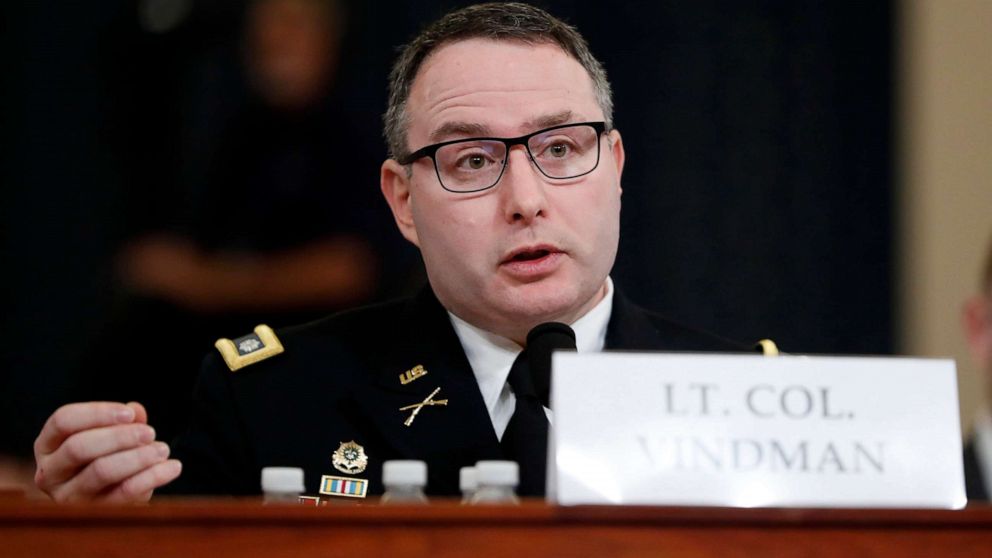 PHOTO: National Security Council aide Lt. Col. Alexander Vindman testifies before the House Intelligence Committee on Capitol Hill in Washington, D.C., Nov. 19, 2019.