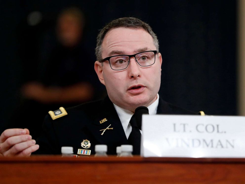 PHOTO: National Security Council aide Lt. Col. Alexander Vindman testifies before the House Intelligence Committee on Capitol Hill in Washington, D.C., Nov. 19, 2019.