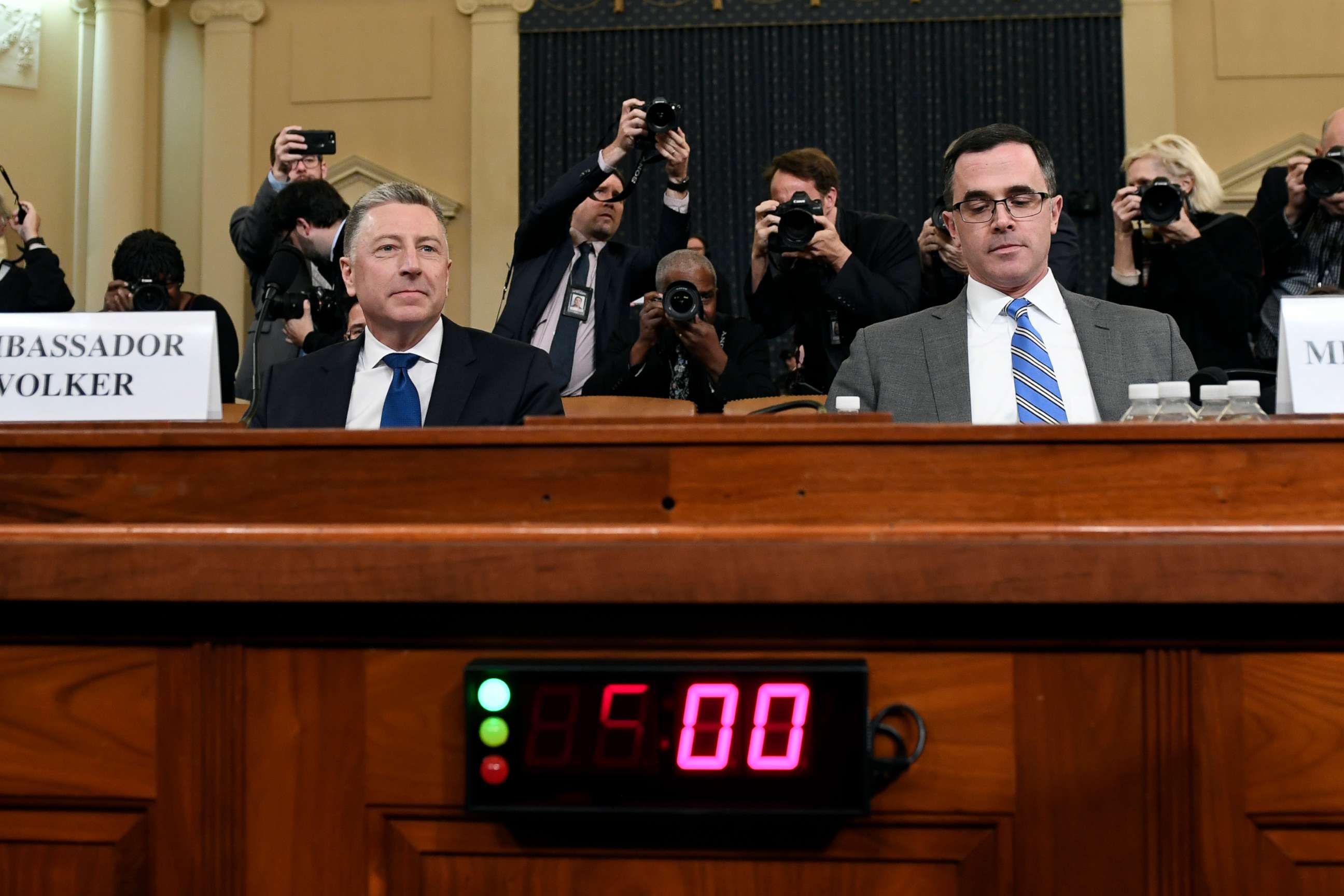 PHOTO: Ambassador Kurt Volker, former special envoy to Ukraine, left, and Tim Morrison, a former official at the National Security Council, arrive to testify before the House Intelligence Committee on Capitol Hill, Nov. 19, 2019.