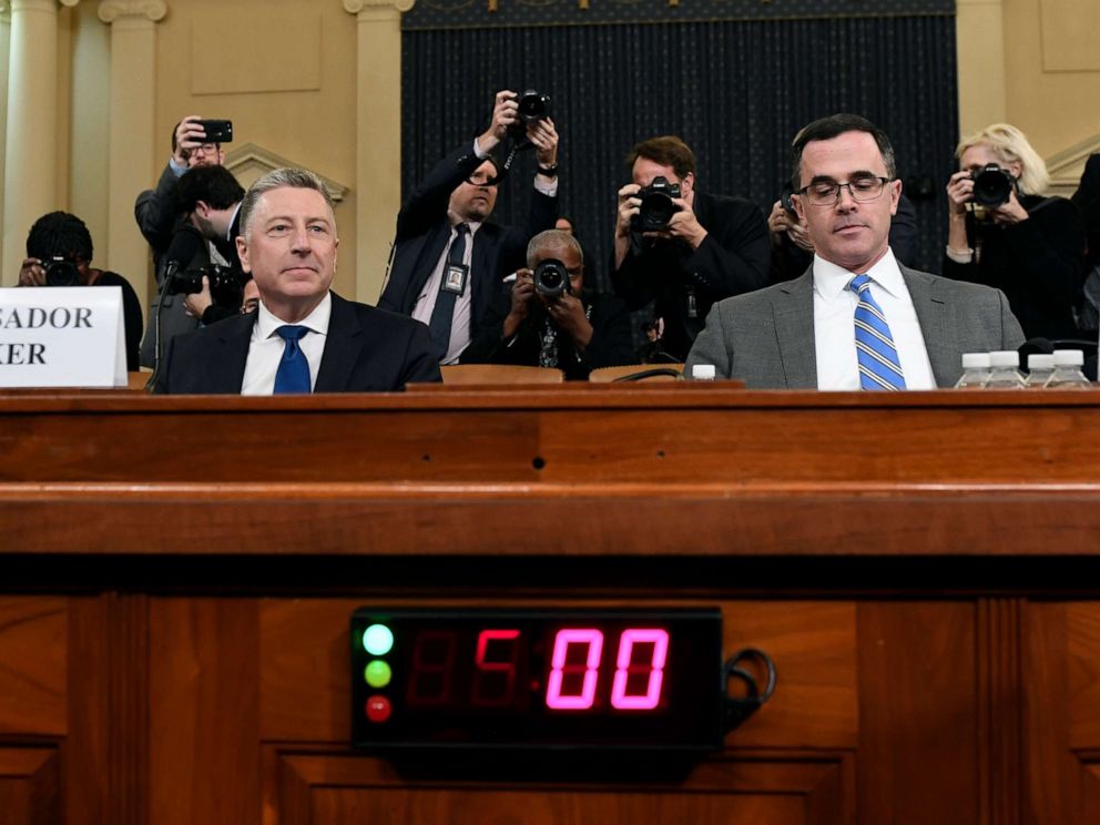 PHOTO: Ambassador Kurt Volker, former special envoy to Ukraine, left, and Tim Morrison, a former official at the National Security Council, arrive to testify before the House Intelligence Committee on Capitol Hill, Nov. 19, 2019.