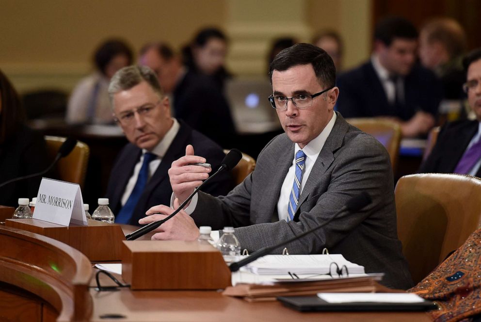 PHOTO: Tim Morrison, the top Russia and Europe adviser on the National Security Council speaks as Former Special Envoy for Ukraine, Kurt Volker, looks on during the House Intelligence Committee hearing on Capitol Hill in Washington,  Nov. 19, 2019.