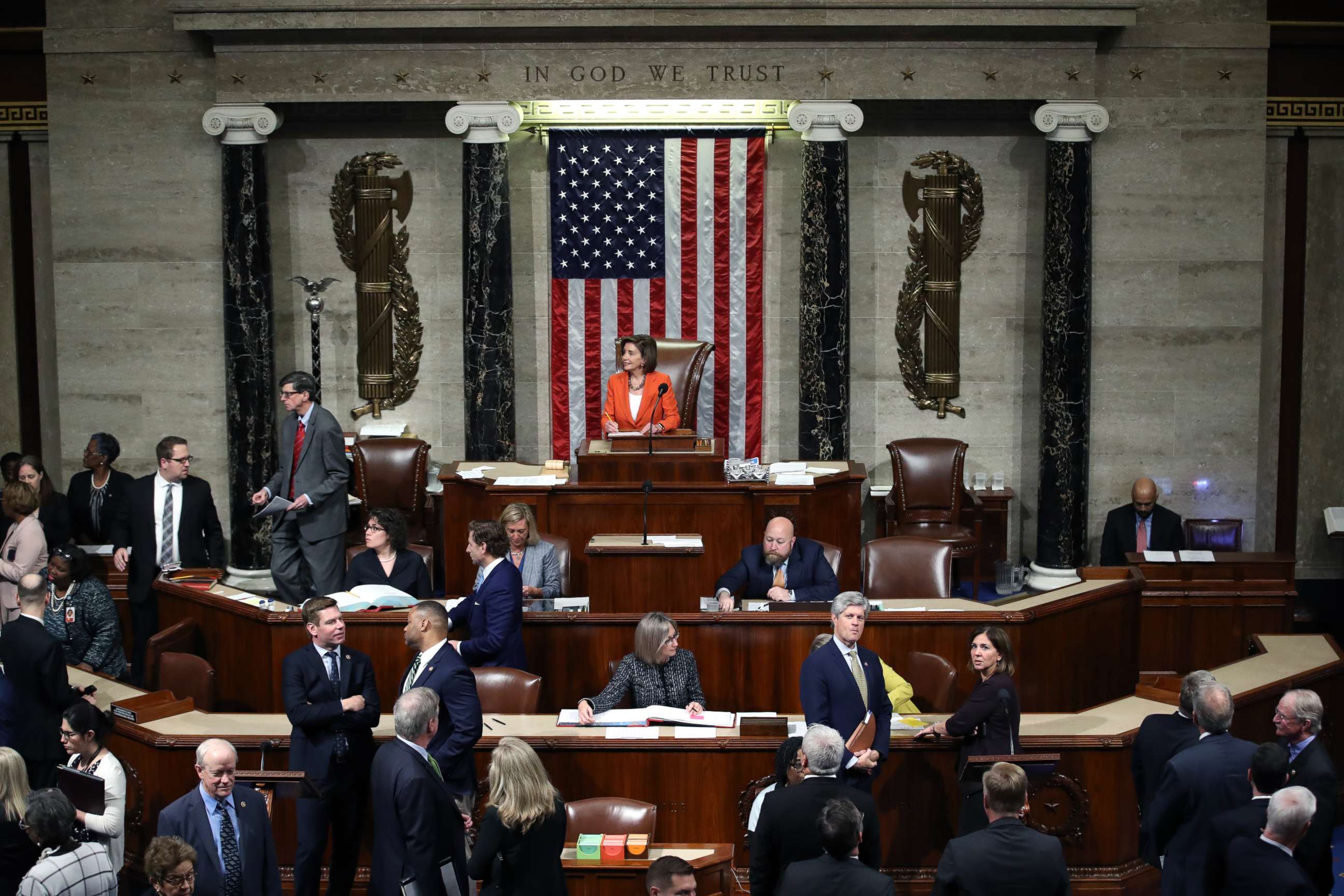 PHOTO: Speaker of the House, U.S. Rep. Nancy Pelosi presides over the U.S. House of Representatives as it votes on a resolution formalizing the impeachment inquiry centered on U.S. President Donald Trump in the House Chamber October 31, 2019.