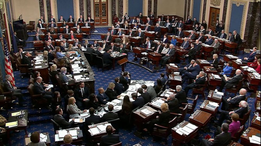 Senators cast their vote on the motion to allow additional witnesses and evidence to be allowed in the impeachment trial against President Donald Trump in the Senate at the Capitol on Jan. 31, 2020, in Washington. The motion failed with a vote of 51-49