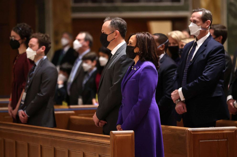 PHOTO: Vice President-elect Kamala Harris and her husband Doug Emhoff attend services at the Cathedral of St. Matthew the Apostle with Congressional leaders prior the 59th Presidential Inauguration ceremony on Jan. 20, 2021 in Washington, D.C.