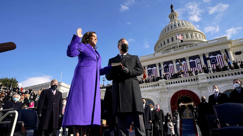 PHOTO: Kamala Harris is sworn in as Vice President by Supreme Court Justice Sonia Sotomayor as her husband Doug Emhoff holds the Bible during the 59th Presidential Inauguration at the U.S. Capitol in Washington, Jan. 20, 2021.