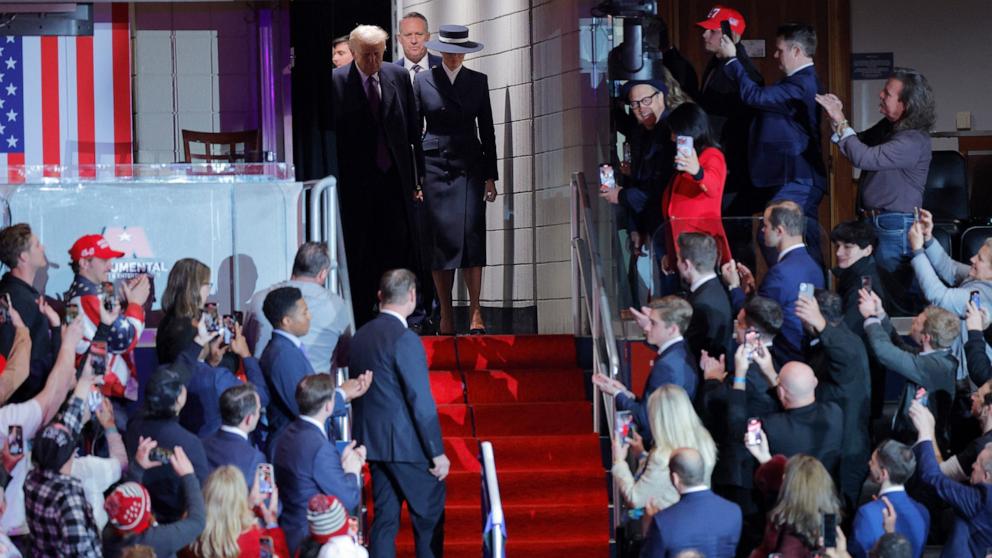 PHOTO: President Donald Trump and first lady Melania Trump arrive at Capital One arena on the inauguration day of Trump's second presidential term, in Washington, D.C., Jan. 20, 2025. 