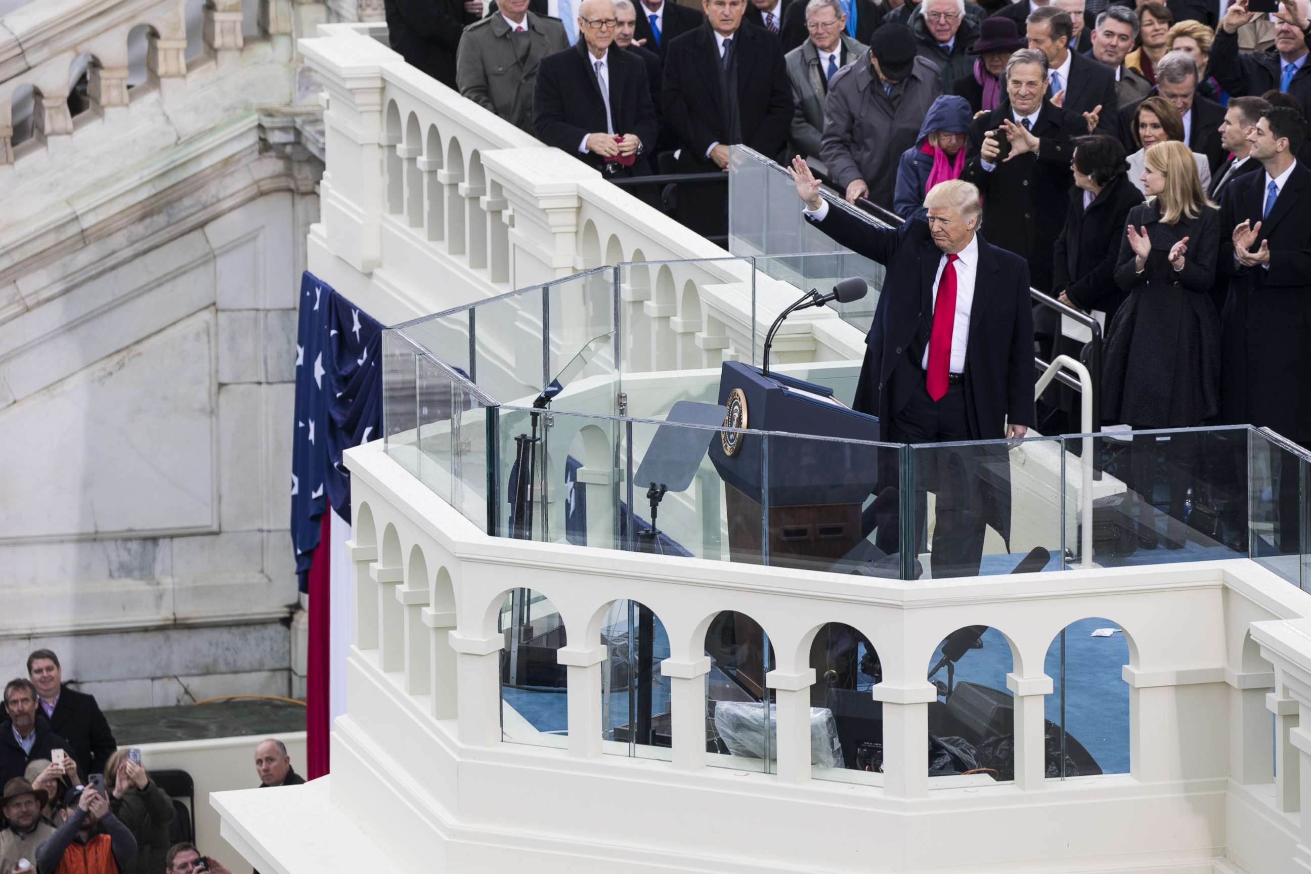 PHOTO: President Donald Trump waves to the crowds during the 58th U.S. Presidential Inauguration after he was sworn in as the 45th President of the United States of America, Jan. 20, 2017.