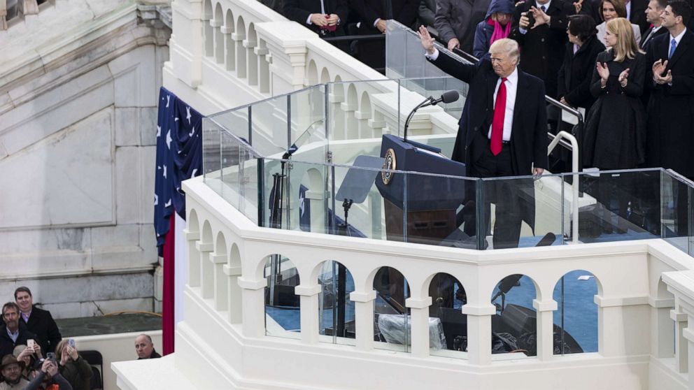 PHOTO: President Donald Trump waves to the crowds during the 58th U.S. Presidential Inauguration after he was sworn in as the 45th President of the United States of America, Jan. 20, 2017.