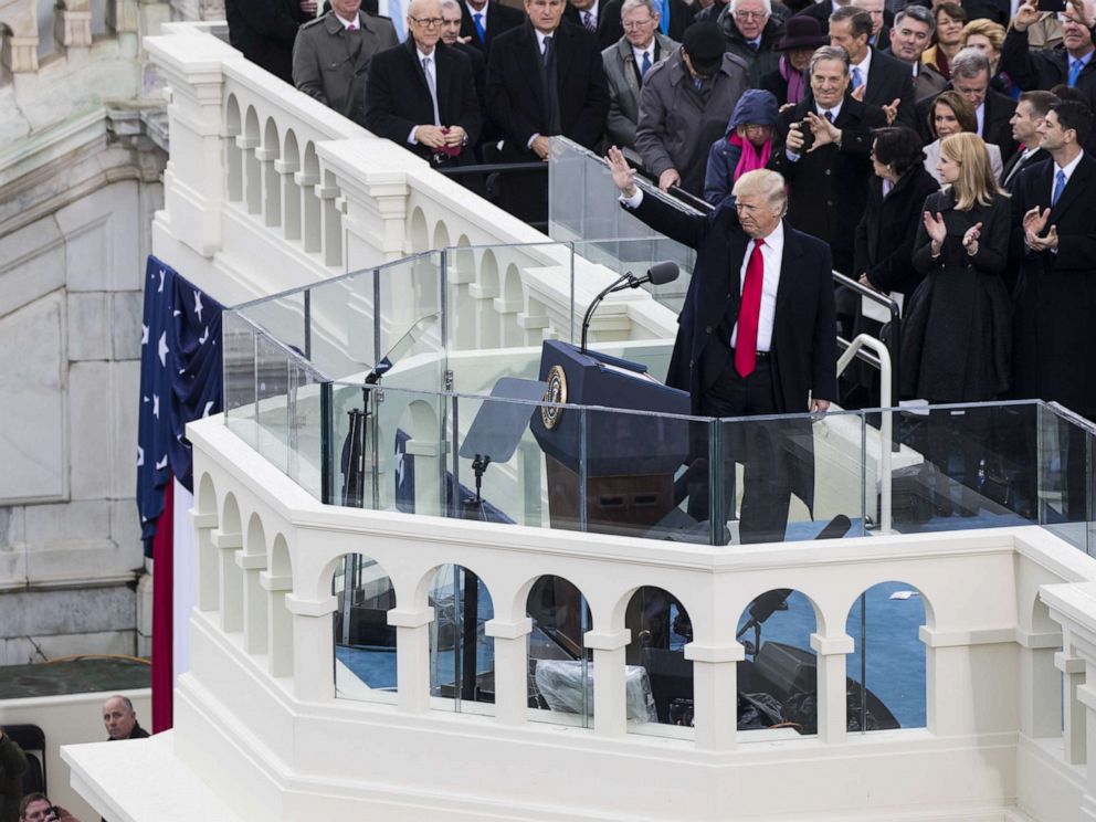 PHOTO: President Donald Trump waves to the crowds during the 58th U.S. Presidential Inauguration after he was sworn in as the 45th President of the United States of America, Jan. 20, 2017.