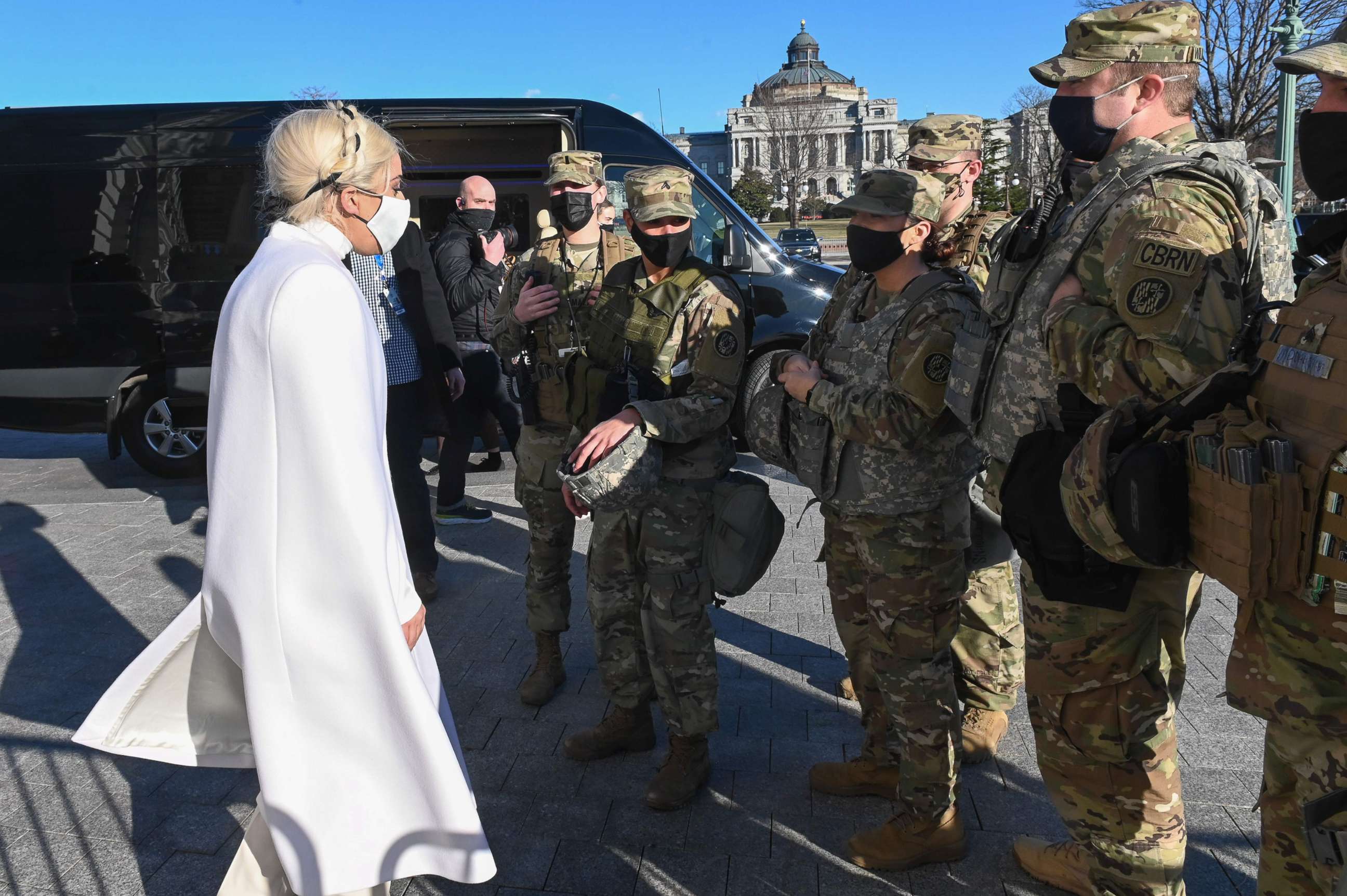 PHOTO: Lady Gaga greets National Guard soldiers as she leaves the U.S. Capitol building after rehearsing on Jan. 19, 2021, for the inauguration of President-elect Joe Biden in Washington, D.C.