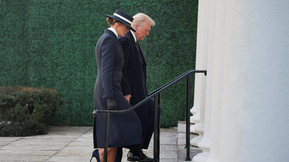 PHOTO: President-elect Donald Trump and his wife Melania Trump arrive for a service at St. John's Church on Inauguration Day of Donald Trump's second presidential term in Washington, Jan. 20, 2025.