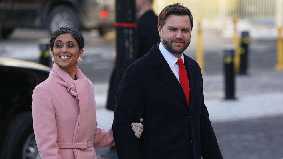 PHOTO: Usha Vance and Vice President-elect, Sen. J.D. Vance arrive for service at St. John's Church as part of Inauguration ceremonies on January 20, 2025 in Washington, DC.