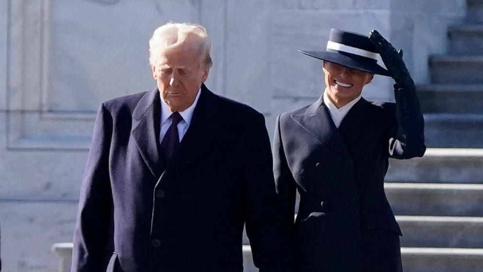 PHOTO: President Donald Trump and First lady Melania Trump walk from the U.S. Capitol building on the inauguration day of Donald Trump's second presidential term in Washington,  Jan. 20, 2025.