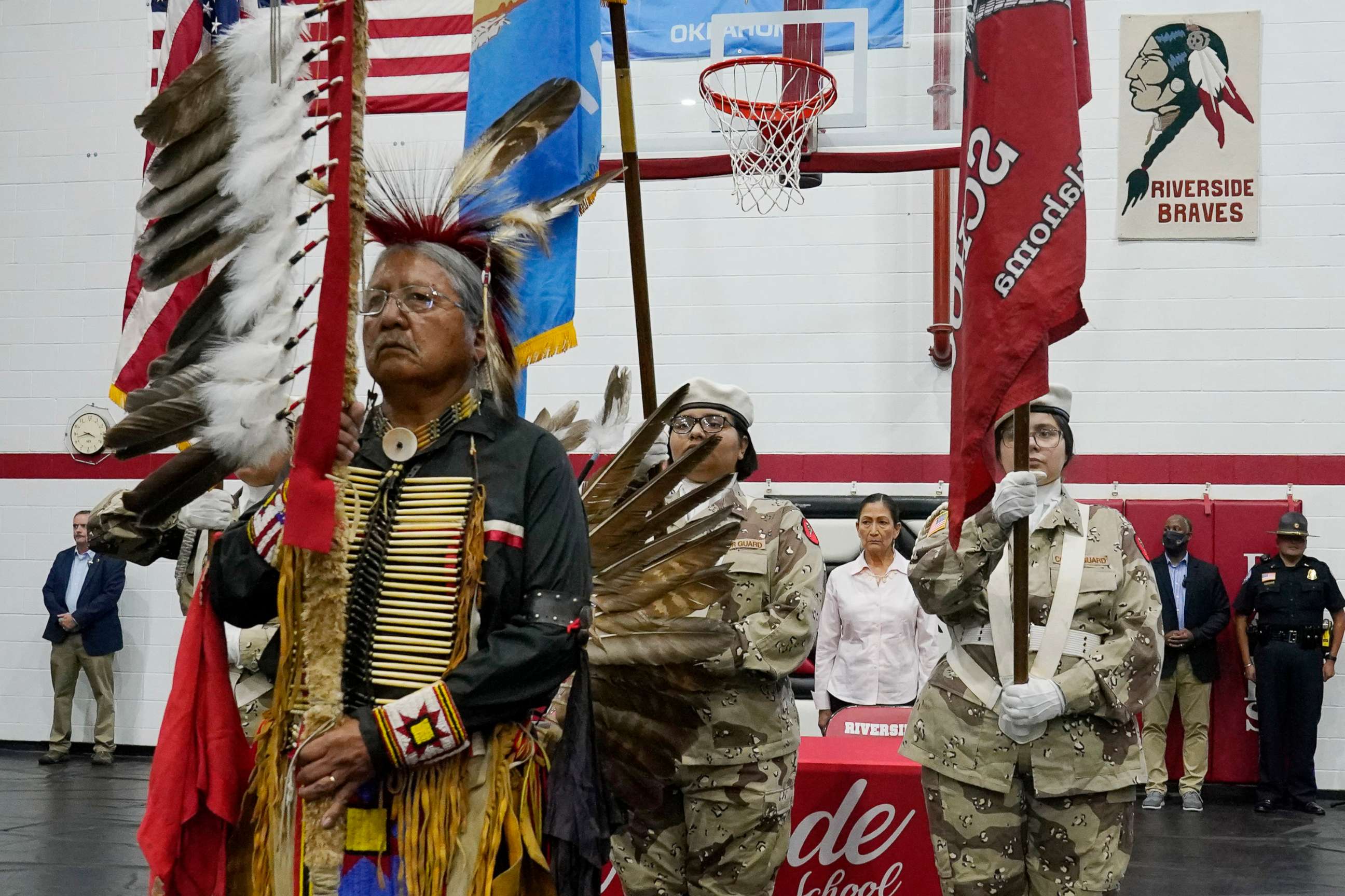 PHOTO: The Riverside Indian School color guard opens the ceremonies for a meeting where Native Americans who were sent to government-backed boarding schools will share their experiences with Interior Secretary Deb Haaland, July 9, 2022, in Anadarko, Okla.