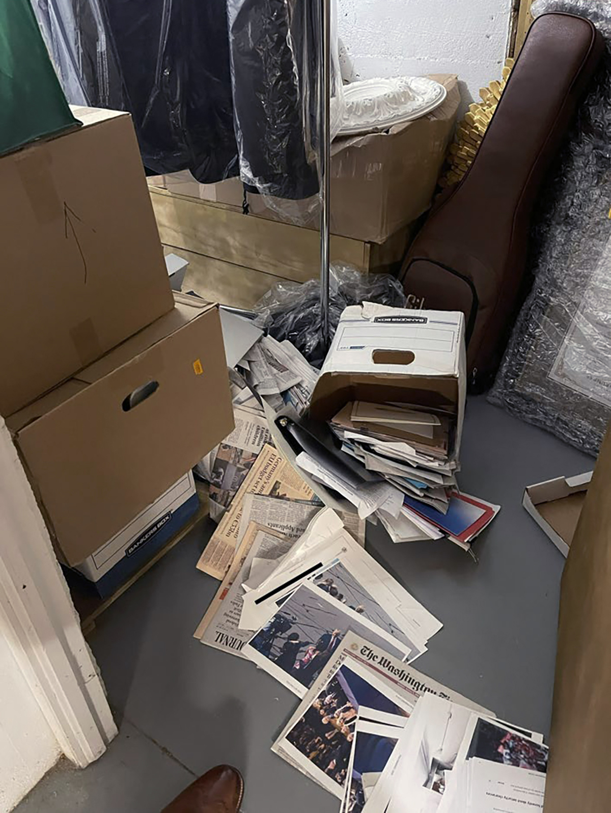 PHOTO: A photo contained in the indictment released on June 9, 2023, from the U.S. Southern District of Florida, shows boxes of potentially sensitive documents that were found at Mar-a-Lago in Palm Beach, Fla.