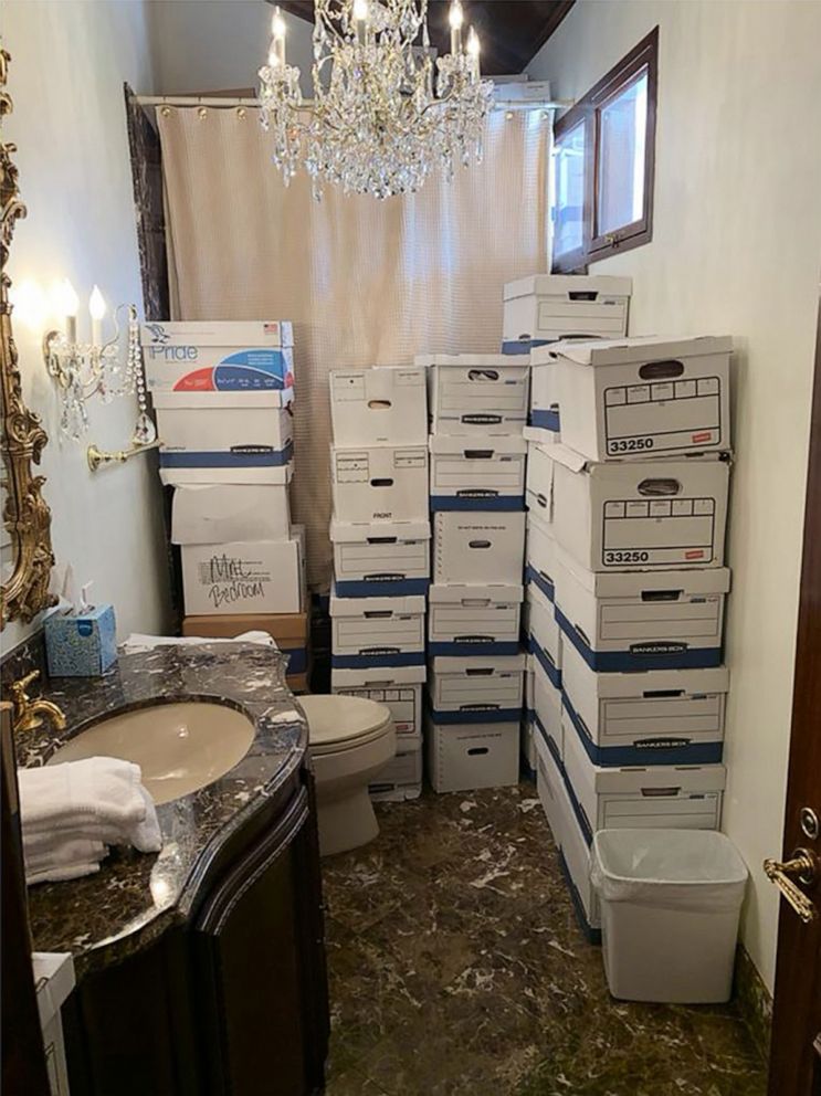 PHOTO: A photo contained in the indictment released June 9, 2023, from the U.S. Southern District of Florida, shows boxes of potentially sensitive documents found at Mar-a-Lago in Palm Beach, Florida.