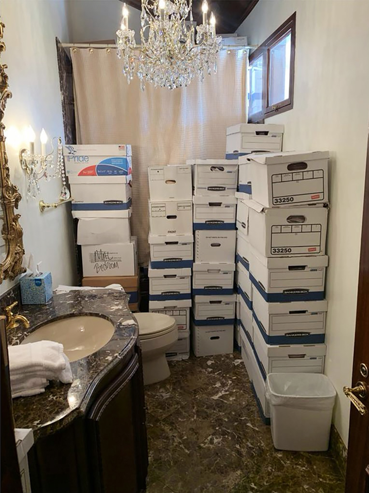 PHOTO: A photo contained in the indictment released on June 9, 2023, from the U.S. Southern District of Florida, shows boxes of potentially sensitive documents that were found at Mar-a-Lago in Palm Beach, Fla.