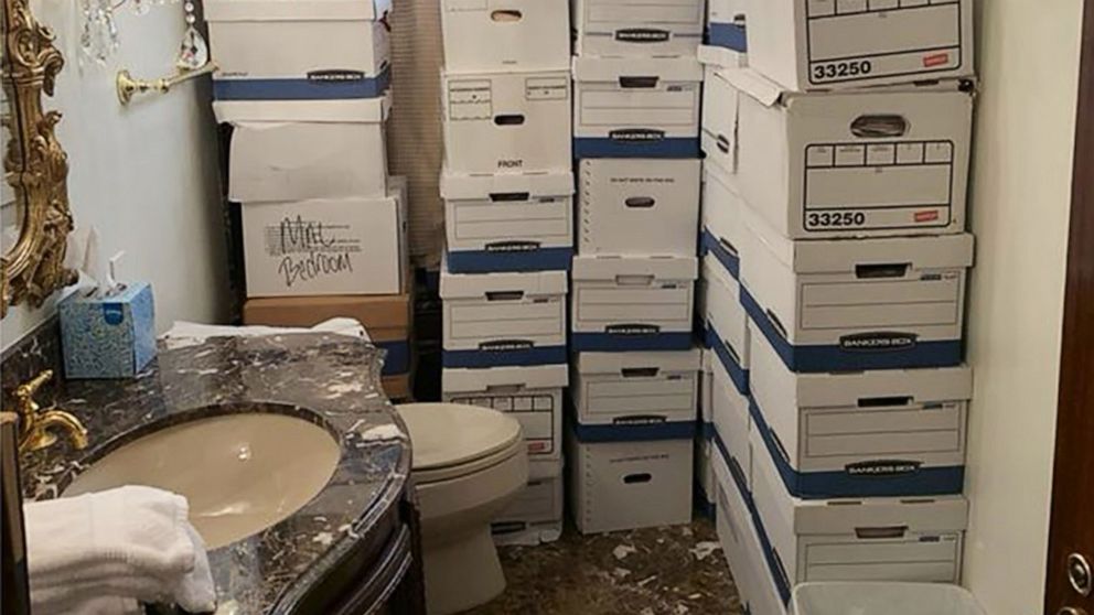 PHOTO: A photo contained in the indictment released on June 9, 2023, from the U.S. Southern District of Florida, shows boxes of potentially sensitive documents that were found at Mar-a-Lago in Palm Beach, Fla.
