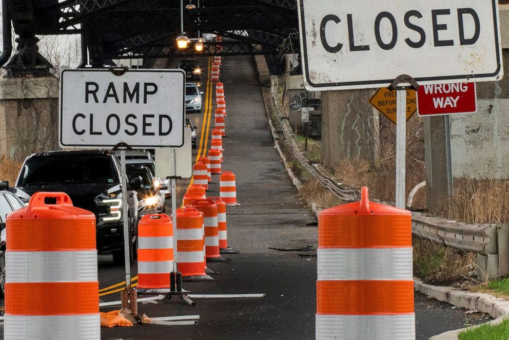 PHOTO: A street is closed due to work in the road in Jersey City, N.J., March 31, 2021. 