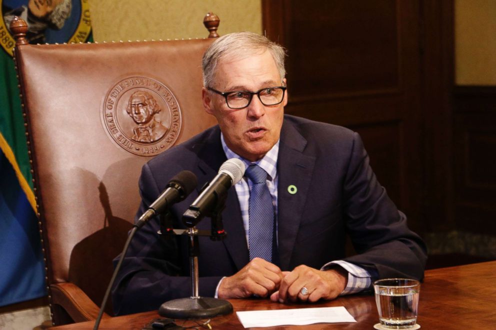 PHOTO: Gov. Jay Inslee talks to reporters about ongoing budget negotiations, in Olympia, Wash., June 27, 2017. 