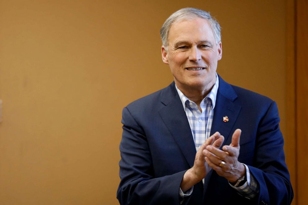 PHOTO: 2020 Democratic presidential candidate Washington Gov. Jay Inslee waits to speak at a round table discussion about climate change, March 5, 2019, at Iowa State University in Ames, Iowa.