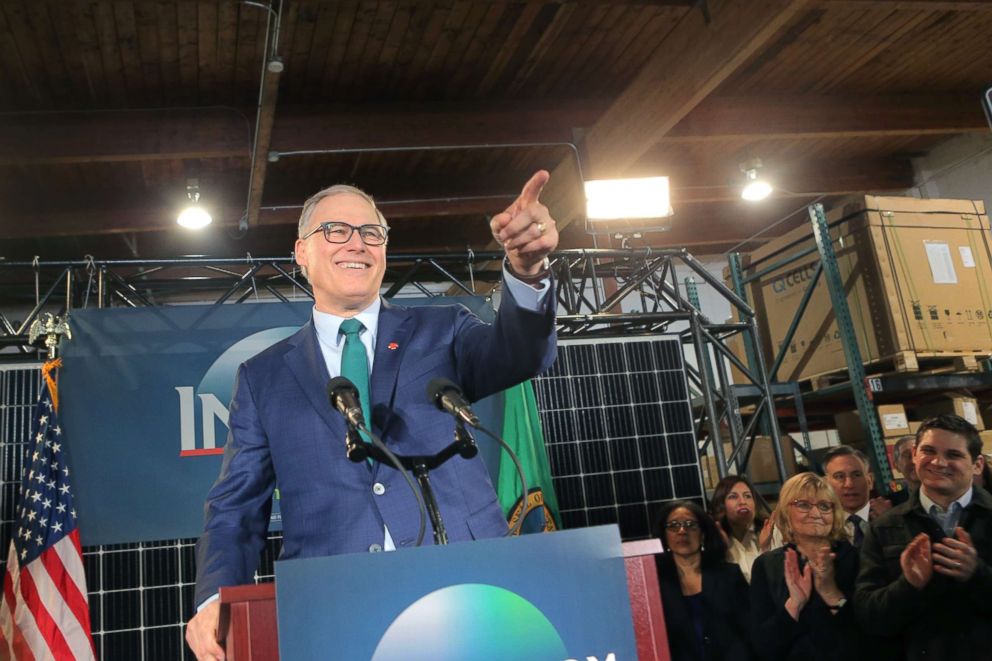 PHOTO: Washington Gov. Jay Inslee announces his run for the 2020 Presidency at A & R Solar, March 1, 2019, in Seattle.