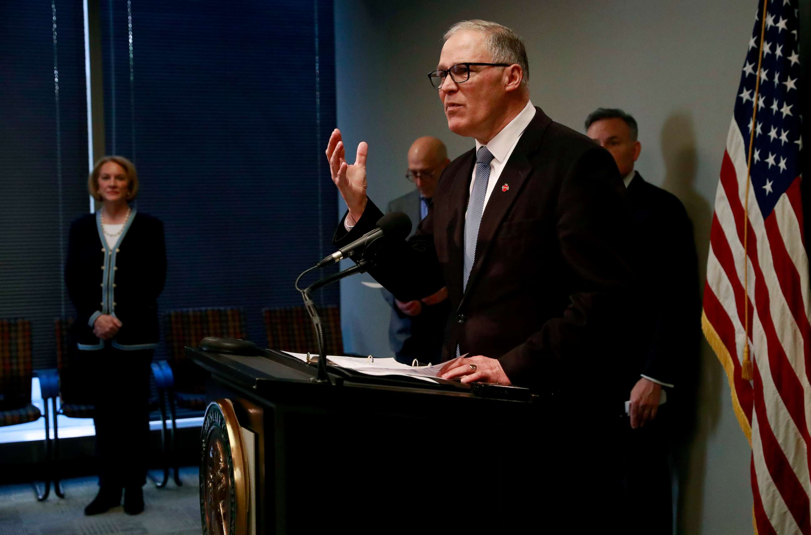 PHOTO: Washington state Gov. Jay Inslee talks at a press conference about the coronavirus outbreak, March 16, 2020, in Seattle.