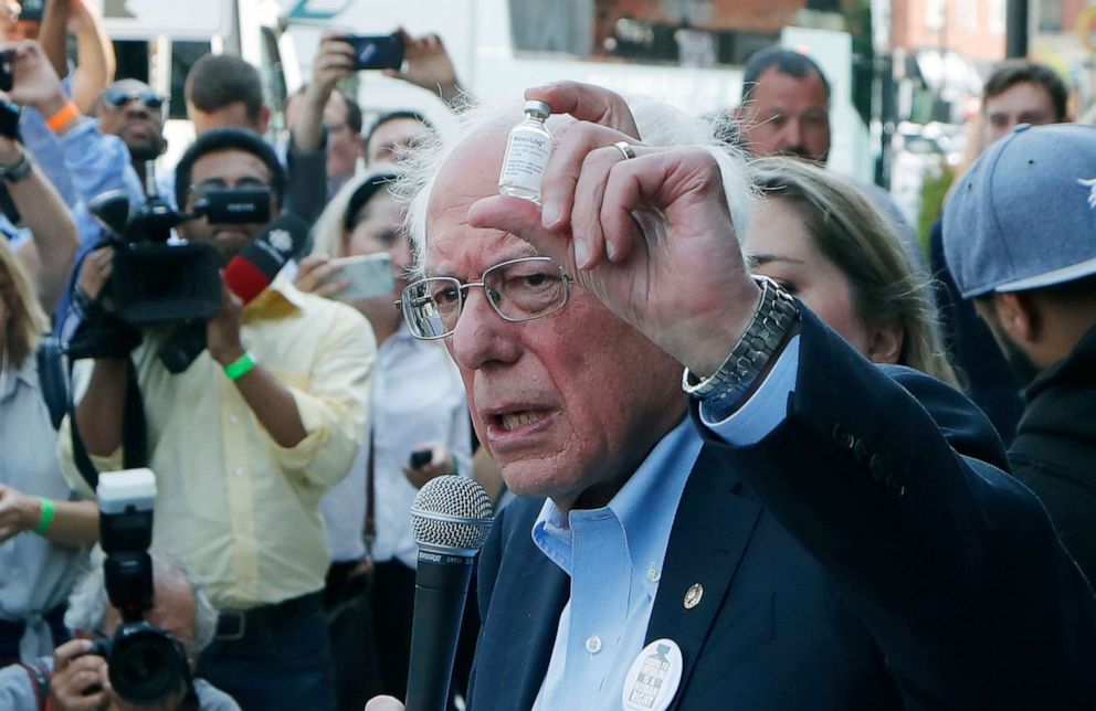 PHOTO: Democratic presidential candidate, Sen. Bernie Sanders, I-Vt., holds an insulin vial as he addresses the media outside the Olde Walkersville Pharmacy, July 28, 2019, in Windsor, Ont. 