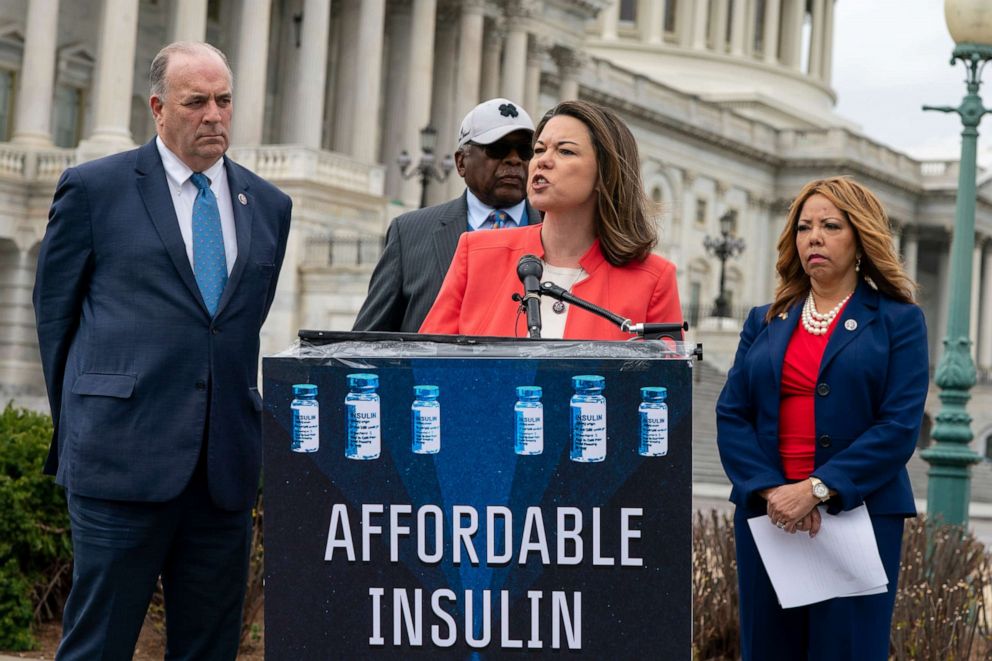 PHOTO: Rep. Dan Kildee, D-Mich., House Majority Whip James Clyburn, D-S.C., Rep. Angie Craig, D-Minn., and Rep. Lucy McBath, Ga., talk about their support for legislation aimed at capping the price of insulin, at the Capitol in Washington, March 31, 2022.