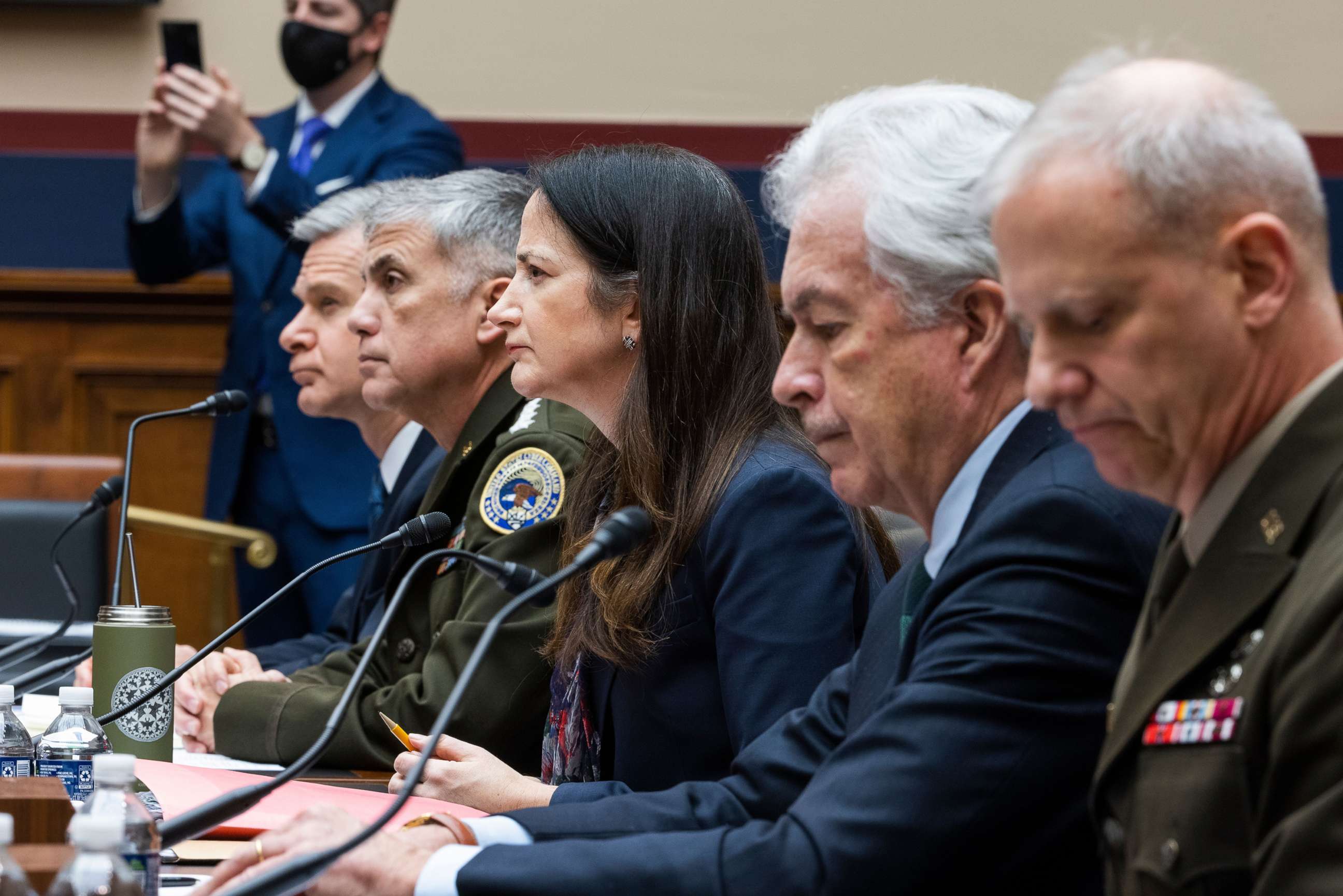 PHOTO: Christopher Wray, General Paul Nakasone, Avril Haines, William Burns and General Scott Berrier, testify before a House Oversight Committee hearing on 'worldwide threats' in the Rayburn House Office Building in Washington, D.C., on March 8, 2022.